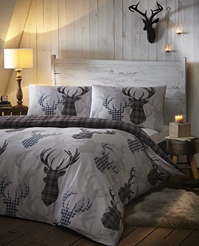 De Cama Tartan Check Stag Duvet Quilt Cover Set, Grey/Black, Single