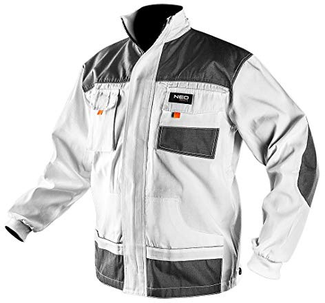NEO TOOLS Herren-Arbeitsjacke, langarm, Malerjacke weiße, Größe LD/54 reflektierende Elemente, 65% Polyester/35% Baumwolle, verstärkt mit Oxford-Gewebe an Ellbogen, entspricht EN ISO 13688:2013