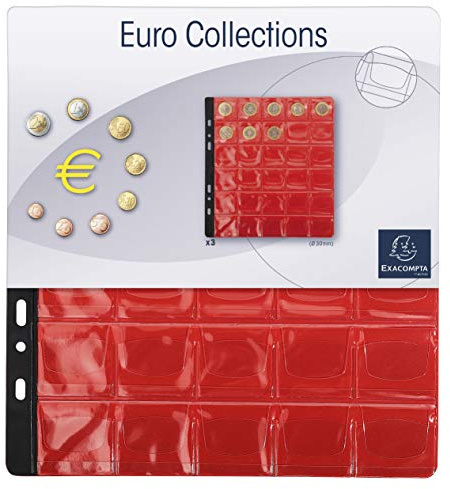 Exacompta 96003E 3er Pack Münzenhüllen für jeweils 30 Münzen in 30 mm, inklusive 3 rote Register, passend zum Münzalbum Numismatik
