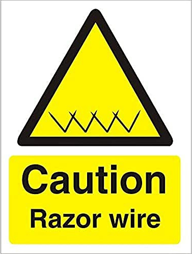 Seco Caution Razor Wire with Spike Pictogram Sign, 150mm x 200mm - 1mm Semi Rigid Plastic