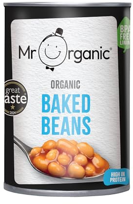 Mr Organic Baked Beans - 400g, High in Protein & Fibre | Great Taste Award-winning Baked Beans - Sun-Ripened Italian Organic Tomato Sauce - BPA-Free Tins - Organic & Vegan