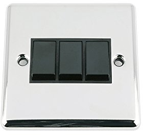 A5 Light Switch 3 Gang - Polished Chrome - Classic - BLack Insert Plastic Switch - 10 Amp Triple 3 Gang 2 Way