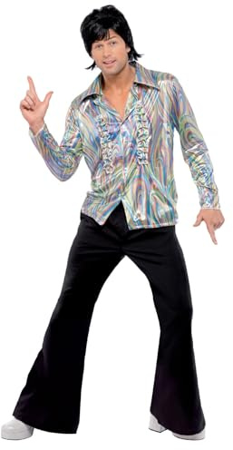 Smiffys 70s Retro Costume, Black with Psychedelic Pattern Shirt and Flares, 1970's Disco Fancy Dress, 1970s Dress Up Costumes