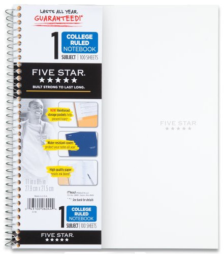 Five Star Wirebound Notebook, 1-Subject, 100 College-Ruled Sheets, 11 x 8.5 Inch Sheet Size, White (72144)