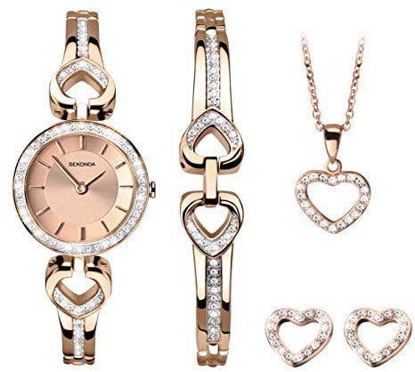 SEKONDA Womens 26mm Stone Set Rose Gold Watch Gift Set with Heart Bracelet Earrings and Necklace