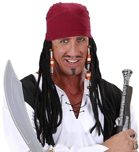 W WIDMANN MILANO Party Fashion C8587 - Karibisches Piratenbandana mit Dreadlocks, rotes Kopftuch, Freibeuter, Karneval, Mottoparty