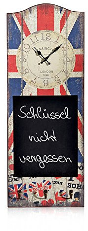 Melko Wanduhr Nostalgie Dekouhr mit schwarzer Schreibtafel aus Holz, 30 x 80 x 4,5 cm, UK Flagge, inkl. 3 Kleiderhaken