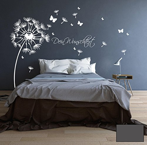 ilka parey wandtattoo-welt® Wandtattoo Wandaufkleber Pusteblume Blüten Schmetterlinge Wunschtext M1416 - ausgewählte Farbe: *Dunkelgrau* - ausgewählte Größe:*XL 170cm breit x 180cm hoch