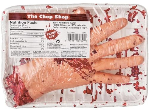 Amscan 673402 - Abgehackte Hand, Größe ca. 20 x 14 cm, blutige, abgetrennte Hand aus Kunststoff in Plastik verpackt, Accessoire für die Halloween-, Grusel- oder Mottoparty, Dekoration
