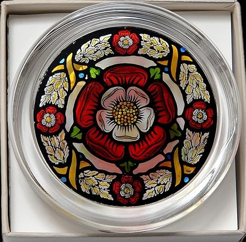 Decorative Hand Painted Stained Glass Paperweight in a Mediaeval Tudor Rose Design