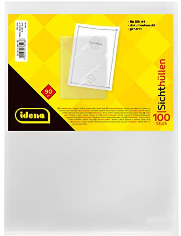 Idena 376003 - Sichthüllen, aus PP-Folie, genarbt, Öffnung oben und rechts, dokumentenecht, Folienstärke 0,09 mm DIN4, 100 Stück, genarbt
