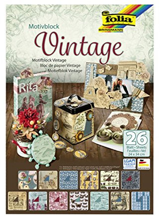 folia 47549 - Motivblock Vintage, 24 x 34 cm, 26 Blatt sortiert, 13 x Motivkarton 270 g/qm und 13 x Motivpapier 80 g/qm, für vielfältige Bastelarbeiten