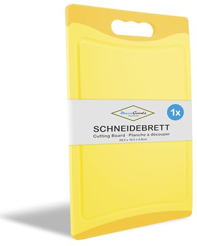 MaxxGoods Schneidebrett Kunststoff mit Saftrille & Griff - Antibakteriell - Hackbrett, Kunststoffbrett beidseitig verwendbar, Spülmaschinenfest - Gelb, 28x19,5x0,8cm