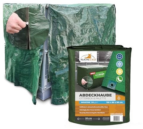 RAINEXO® Gitterbox & Paletten Abdeckhaube | Abdeckplane Grün + 2 Reißverschlüsse | 125 x 85 x 98 cm | Wasserdicht, Frost & UV-beständig