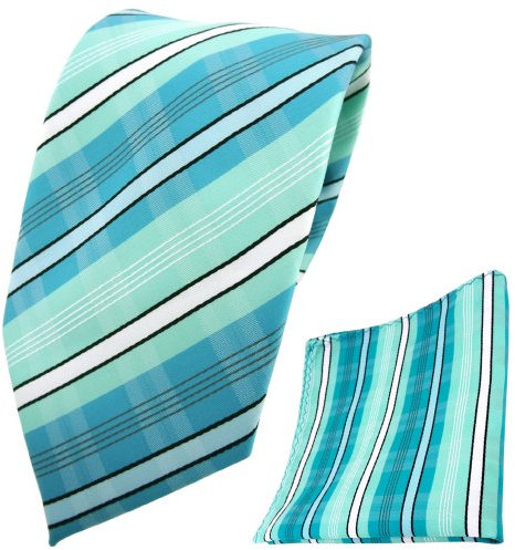 TigerTie Designer Krawatte Designer Einstecktuch in türkis mint türkisblau weiß schwarz grau gestreift
