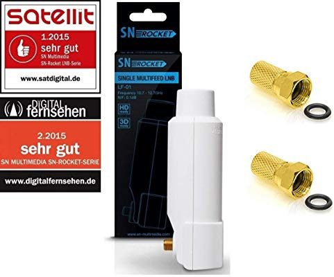 SN Rocket Single LNB LF-01 40mm Feed 0.1db Full HD 3D vergoldete Anschlüsse + Wetterschutz / Set mit 2 F-Stecker vergoldet / GRATIS ( Test SEHR GUT )