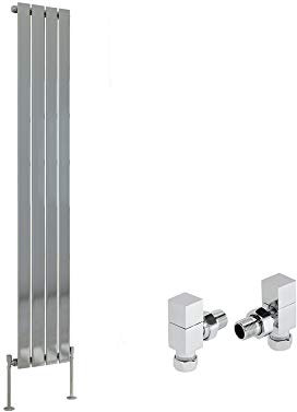 NRG Vertical 1600x272mm Chrome Flat Panel Single Column Designer Radiator Tall Upright Central Heating + Free Angled Valves