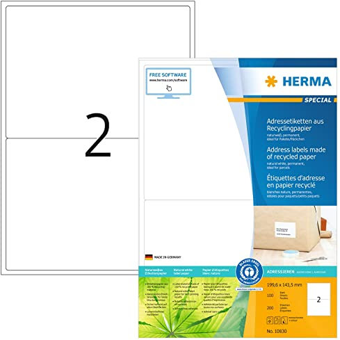 HERMA 10830 Recycling Etiketten, 100 Blatt, 199,6 x 143,5 mm, 2 pro A4 Bogen, 200 Stück, selbstklebend, bedruckbar, matt, blanko Recycling-Papier Klebeetiketten Aufkleber, natur-weiß