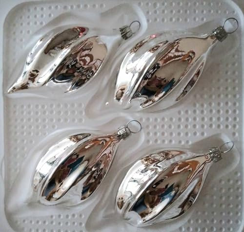 Jingle Bells Lauscha Silber gedrehte Form 4Stück per Box mundgeblasene Weihnachtskugel Silber uni
