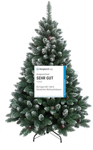 RS Trade 15013 Schneebaum 120 cm Weihnachtsbaum künstlich mit Schnee und Zapfen (Ø ca. 78 cm) ca. 500 Spitzen, schwer entflammbarer Tannenbaum mit Schnellaufbau Klappsystem, inkl. Christbaum Ständer
