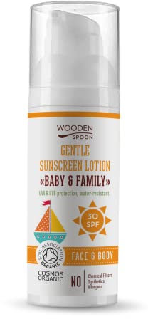 Wooden Spoon Crème Solaire Bio Bébé et Famille SPF 30 – 100% Naturelle, Zinc Invisible, Sans Trace Blanche, Hypoallergénique, Vegan, Résistante à l’Eau – 50 ml
