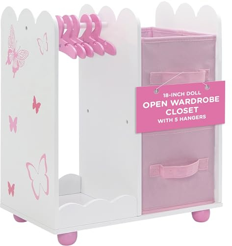 Emily Rose 18 Doll Open Wardrobe Closet - Butterfly Collection Storage Closet with 5 Hangers & 2 Large Fabric Bins | American Girl Compatible | USA Brand