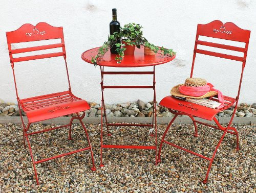 DanDiBo Sitzgruppe Eisen klappbar Passion Tisch mit 2 Stühle Set aus Metall Rot Gartenstuhl Gartentisch Antik Landhaus Garten