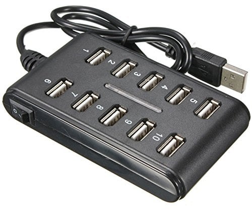 LUPO 10 Ports HUB - Slim High Speed USB 2.0 Multi Expansion - Plug and Play - Compatible with PC Windows and Mac Computers - Mains Power Option - On/Off Switch - BLACK