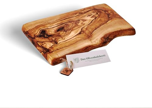 DAS OLIVENHOLZBRETT® Schneidebrett Massivholz, Kräuterbrett, Frühstücksbrett aus Holz, Olivenholz mit einer Seite Naturkante, 35 cm