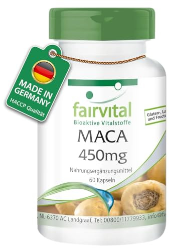 fairvital Maca Kapseln 450mg, 60 Kapseln, schluckfreundlich, HOCHDOSIERT, VEGAN, 4-fach konzentrierter Wurzelextrakt