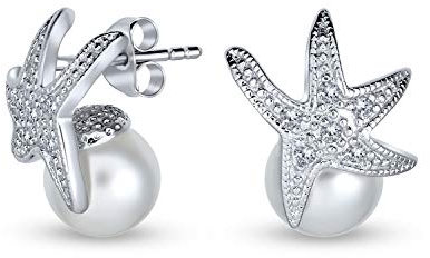 Nautical Bride CZ Beach Destination Wedding White Simulated Pearl 8MM Starfish Stud Earring For Women Bridesmaids .925 Sterling Silver