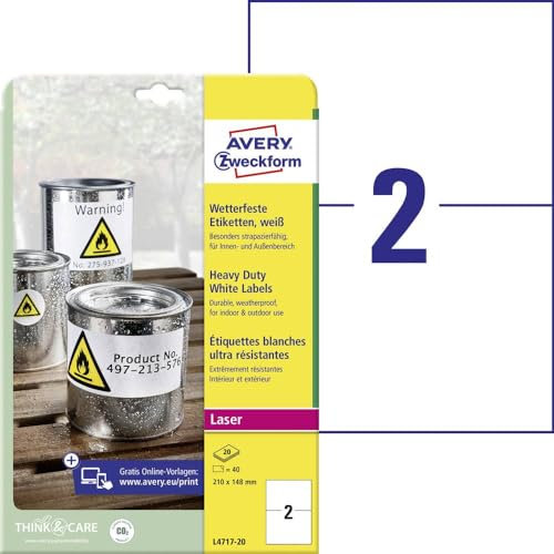 AVERY Zweckform L4717-20 Wetterfeste Folienetiketten (40 Klebeetiketten, 210x148mm auf A4, extrem stark selbstklebend, wasserfest, strapazierfähig, bedruckbare Outdoor Klebefolie) 20 Blatt, weiß