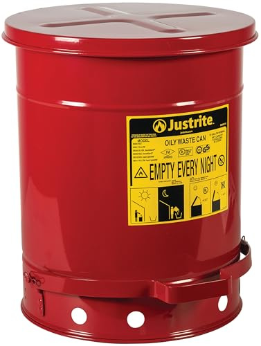 Justrite 09300 Galvanized Steel Oily Waste Safety Can with Foot Lever, 34 L Capacity, 13-15/16 OD x 18-1/4 H, Red