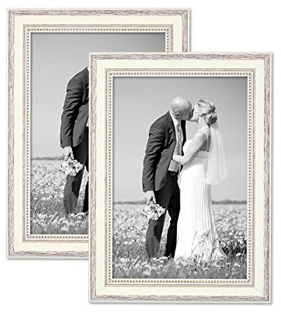 2er Set Bilderrahmen Shabby-Chic Landhaus-Stil Weiss 20x30 cm Massivholz mit Glasscheibe und Zubehör/Fotorahmen