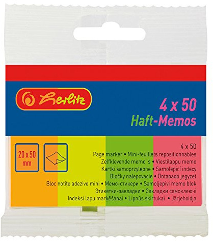 herlitz Haft-Notizen, 20 x 50 mm, Neon: Orange, Gelb, Grün und Rot, 4 x 50 Blatt, selbstklebend