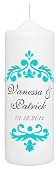 Hochzeitskerze mit Namen und Datum in Weiß, Vintage Dekor in Türkis - personalisiert, finaler Wachs-Überzug für ebenmäßige Oberfläche