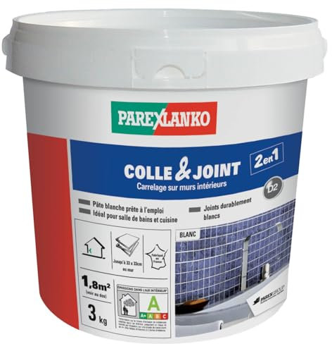 Parexlanko - Colle carrelage et joint en pâte - Colle & Joint 2 en 1 - Blanc - Pour mur intérieur - Spécial pièces humides - Prête à l’emploi - 3kg