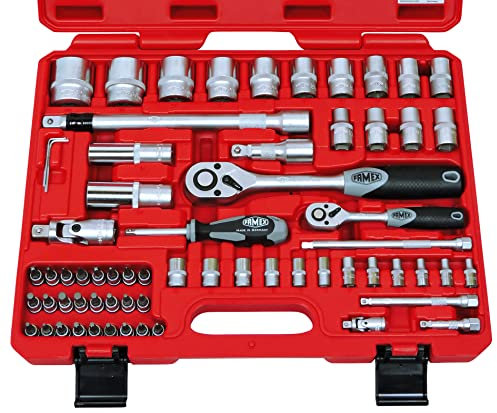FAMEX 580-20 Mechaniker Steckschlüsselsatz Knarrenkasten 4-32mm - Feinzahnknarren mit 72 Zähnen - Verlängerungen mit Schwenksystem - Einsätze mit Wellenprofil