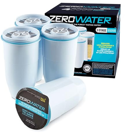 ZeroWater Replacement Water Filter Cartridges, 5 Stage Filtration System Reduces Fluoride, Chlorine, Lead and Chromium, 4 x Filter