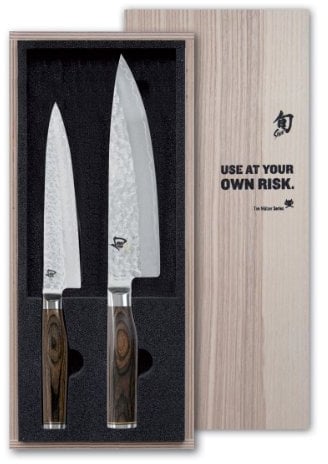 KAI Shun Premier Tim Mälzer japanisches Kochmesser 2er Set - Kochmesser 20 cm Klingenlänge + Allzweckmesser 16,5 cm Klingenlänge - Damastmesser 32 Lagen VG MAX Kern - 61 HRC - Pakkaholzgriff
