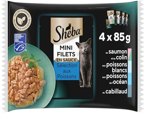 SHEBA® Mini Filets en sauce Sélection aux poissons sachets fraîcheur pour chat adulte 4 variétés 4x85g (L'emballage peut varier)
