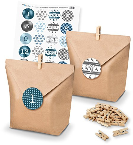 itenga DIY Adventskalender Set zum Basteln und Selberbefüllen mit Weihnachtssticker in blautönen - Papiertüten Klammern Zahlensticker