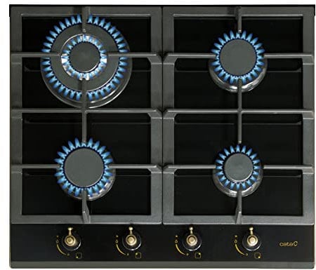 Cata, Placa Cristal Serie Rústica, Modelo: RCI 631 BK, Ancho 58 cm, 4 Quemadores de Gas natural, Incluye Inyectores para Gas Butano, Acabado en Cristal Negro