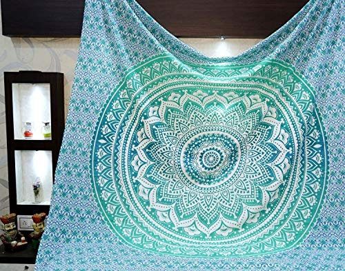 Aakriti Gallery Baumwolle Mandala Wandteppich Wandbehang - Böhmische Tagesdecke, Boho Decke/Überwurf Wandteppiche für Wohnzimmer, Wohnkultur (Green, 235 x 210 cms)