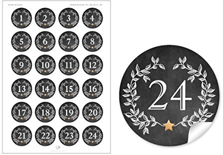 24 DIY Adventskalenderzahlen SCHWARZ KRANZ VINTAGE für einen DIY Adventskalender Papiertüten zum selber basteln 1 – 24 Format 4 cm, rund, matt