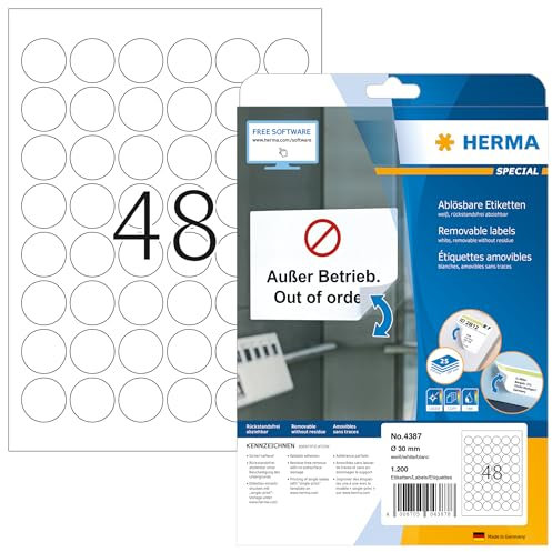 HERMA 4387 Universal Etiketten ablösbar rund, 25 Blatt, Ø 30 mm, 48 pro A4 Bogen, 1200 Stück, selbstklebend, bedruckbar, matt, blanko Papier Klebeetiketten Aufkleber, weiß