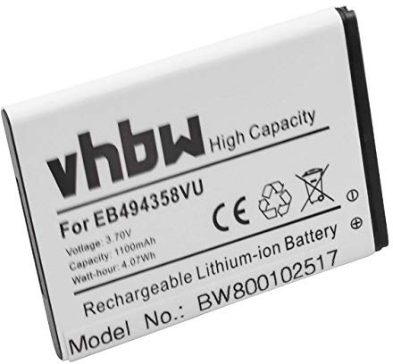 vhbw Batterie Compatible avec Samsung Galaxy GT-S5830, GT-S5839i, GT-S6012, GT-S5830T, Gio GT-S5660 téléphone Portable (1100mAh, 3,7V, Li-ION)