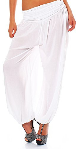 Malito - Damen Haremshose - Pumphose aus Baumwolle - leichte Sommer Stoffhose - Pluderhose zum Tanzen & Chillen - dünne Aladinhose 1482 (Weiß)