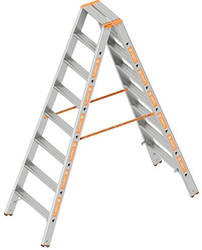Layher 1043008 Stufenstehleiter Topic, Aluminiumleiter 2x8 Stufen 80 mm Breit, beidseitig begehbar, klappbar, Länge 2.00 m