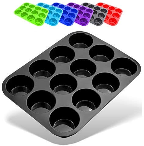 Belmalia Molde para Magdalenas, Silicona, 33 x 25 x 3 cm, 12 Panecillos, Recubrimiento Antiadherente, Cupcake Brownie Budín Latta de Mollete Muffin Bandeja para Hornear Panecillos Negro